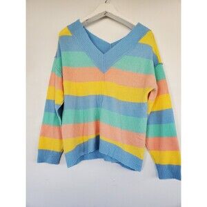 No Comment V-Neck Striped Lightweight Pullover Multicoloe Sweater Size XL